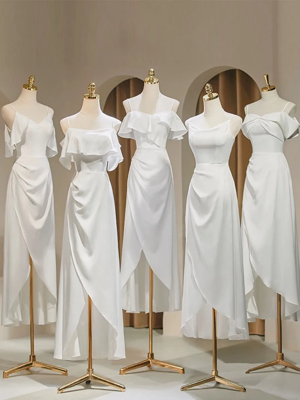 

5-й стиль, однотонное атласное платье подружки невесты, элегантное женское платье с открытыми плечами, сложенная юбка с высоким и низким вырезом, свадебное платье для гостей