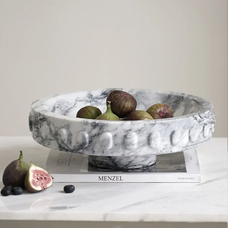 

Circular Ring Edge White Black Marble Fruit Plate For Home Living Room Candy Plate High Footed Coffee Table Snack Storage Tray