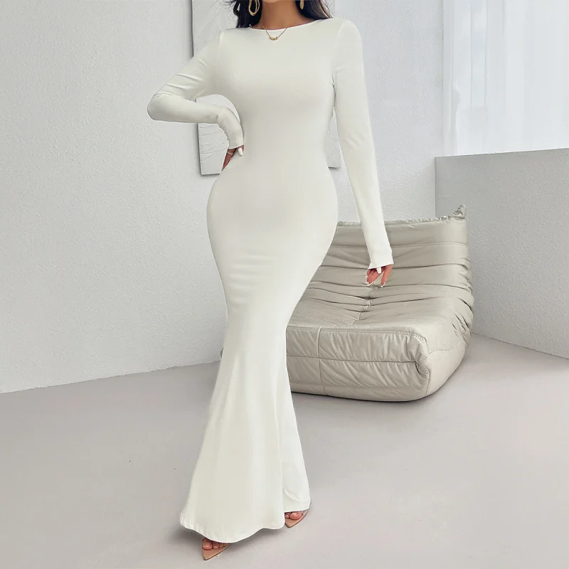 DY-2024Autumn and Winter Women's Sexy Slim round Neck Solid Color Long Sleeve Dress