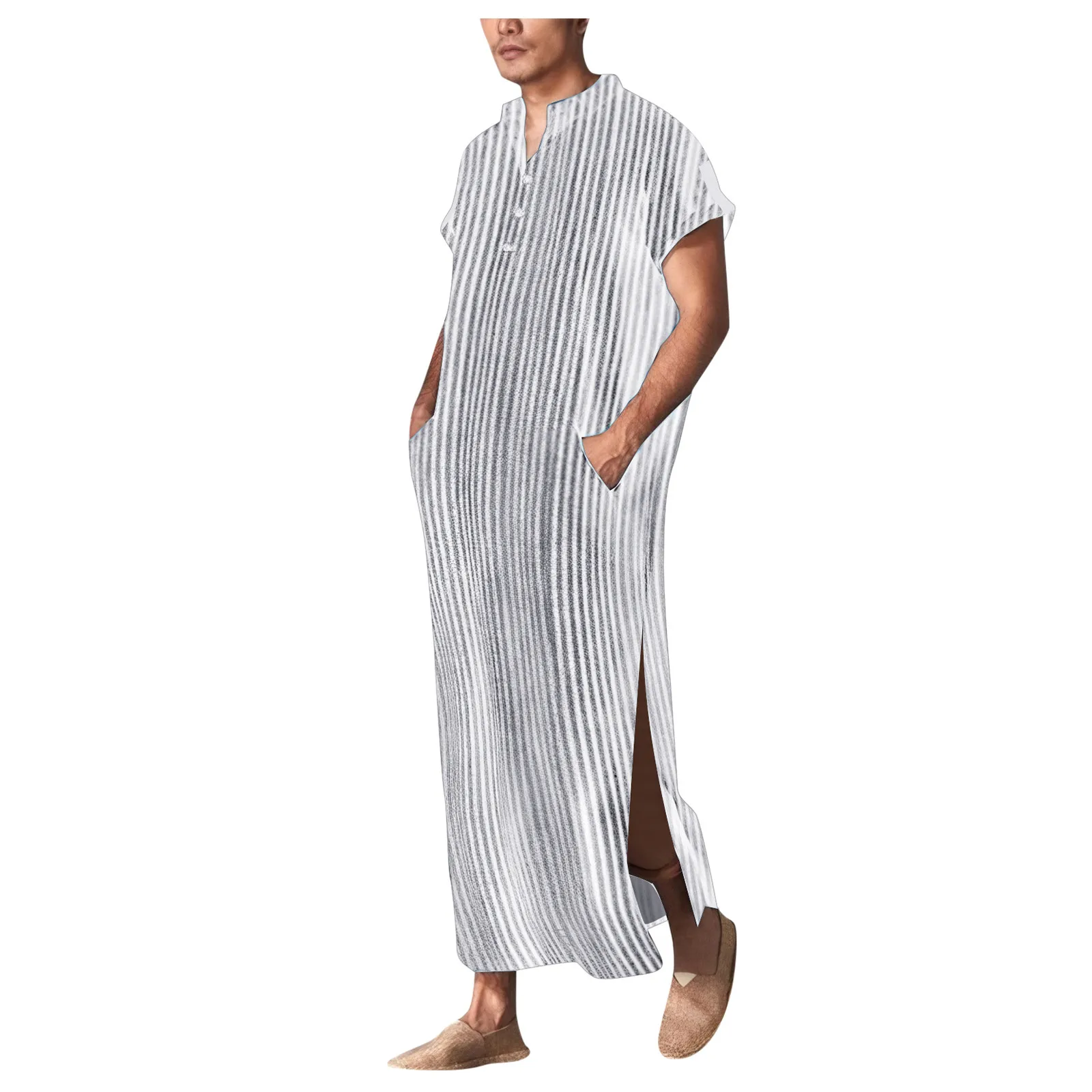 Men\'s Jubba Thobe Kaftan Muslim Arab Islam Striped Short Sleeve Solid Summer Muslim Thobe Robe Fashion Arabia Man Fashion abaya