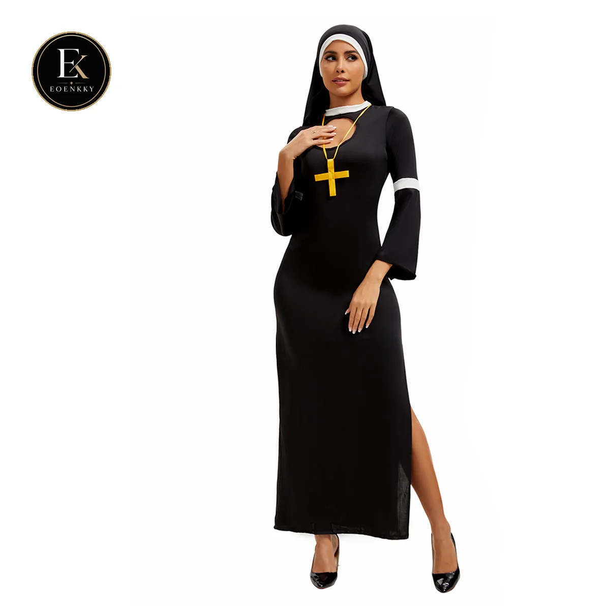 EOENKKY Sexy Nun Costume for Women Halloween Cosplay Black Long Dress with Veil Cross Necklace High Slit Gothic Outfit