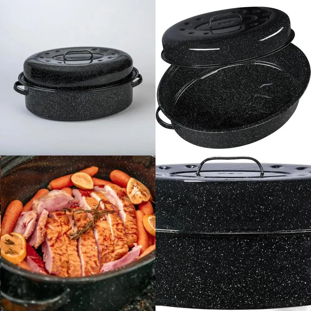 

Овальный противень из эмалированной стали, 19 дюймов, вместимость 9 кг, можно мыть в посудомоечной машине, без PFOA, равномерный нагрев для запекания (черный с прожилками)