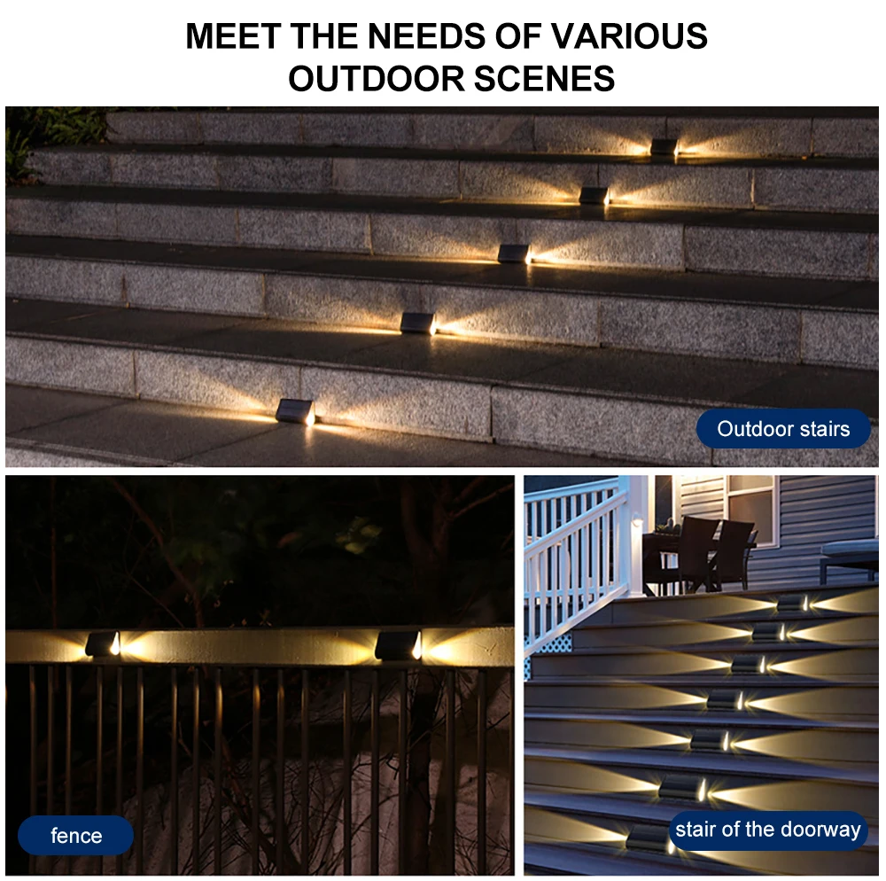 Solar ao ar livre LED Stair Lights, Waterproof Step Lights, Solar Fence Lights, Pathway Lights, Luminescência de 2 lados, Decoração do jardim do pátio, 2024