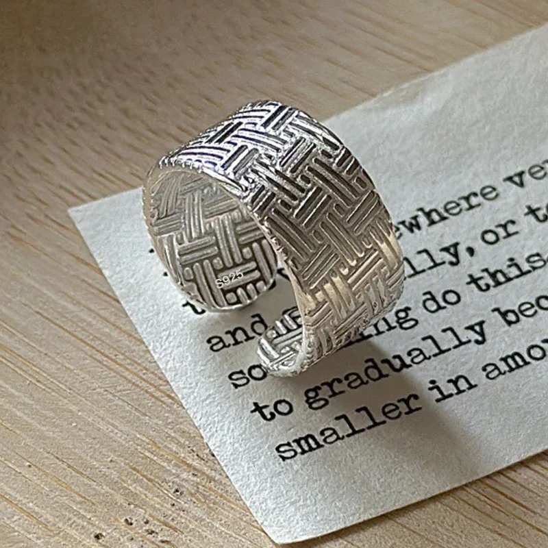 925 Sterling Silver Rings For Women Geometric Fine Jewelry Finger Adjustable Wide Strip Ring For Party Birthday Gift