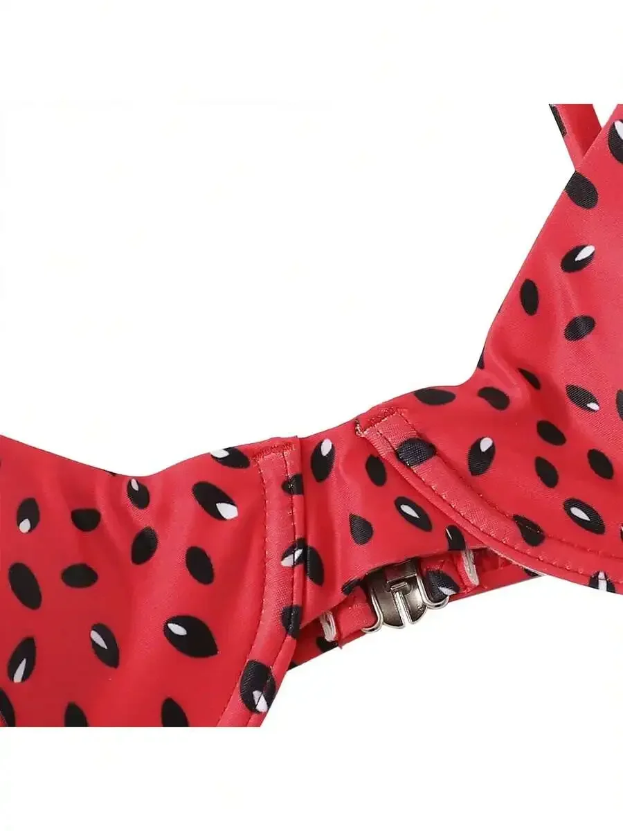 

Women Watermelon Print V-Neck Bikini Set With Lace Up Bottom