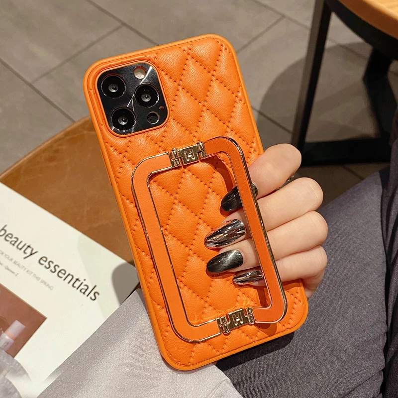 Fashion Metal Square Holder Orange lattice Leather Phone case For iPhone 13 12 11 Pro X XS Max XR 7 8 Plus Protection Cover