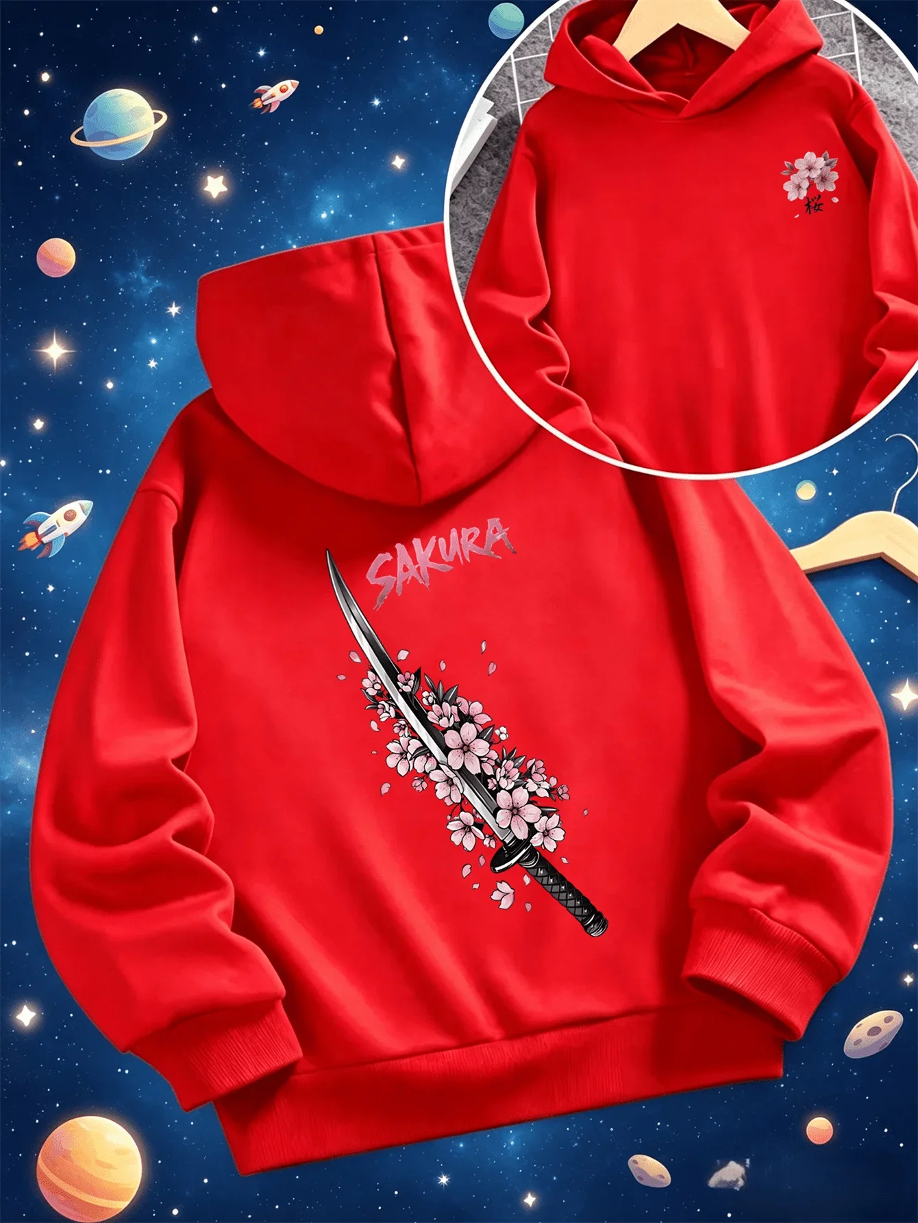 Black Red Gray 3-Color Options Pullover Hoodie Children Back-To-School Casual Wear Cool Cherry Blossom Samurai Hooded Top