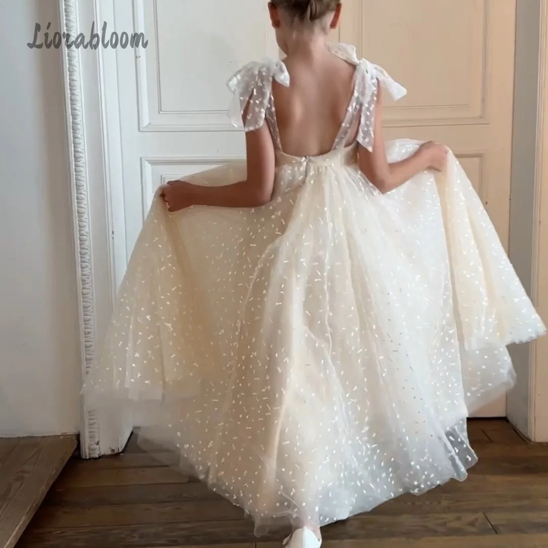 

Customized Baby Girl First Birthday Dress Luxury Tulle Ball Gown with Bow Lace Details Flower Girl Dress for Wedding Party