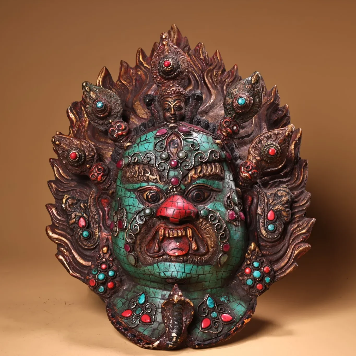 

12"Tibetan Temple Collection Old Bronze Painted Outline in gold Mosaic Gem Turquoise Mahakala Buddha Head Mask Worship Hall