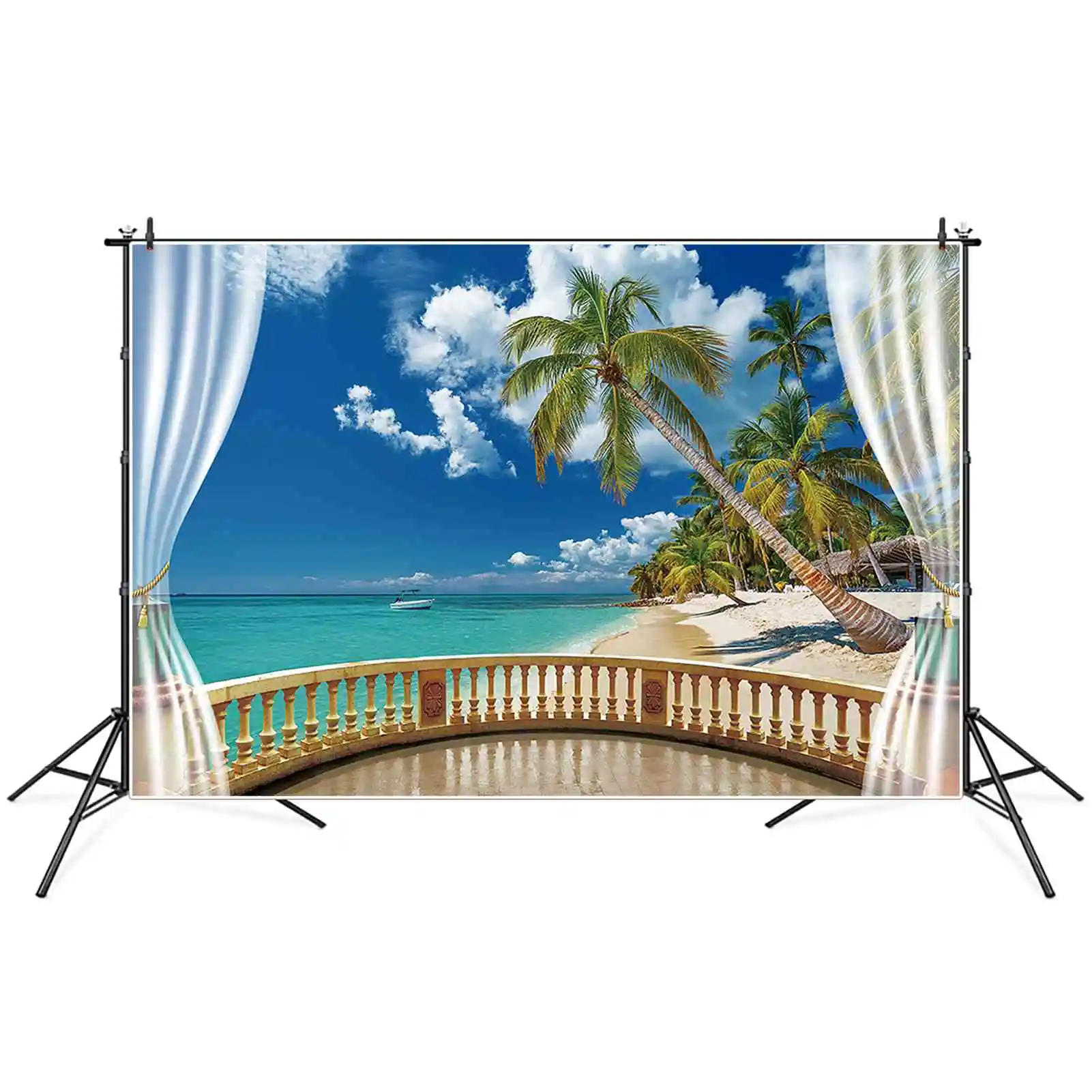 Moon.qg ต้นปาล์มเขตร้อนใบผู้ใหญ่พื้นหลังวันเกิดของผู้ชายเรือคลื่นฉากหลังของภาพสำหรับปาร์ตี้ที่กำหนดเอง