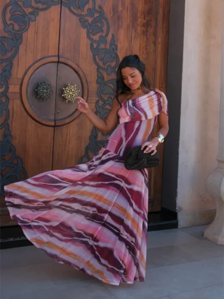 

Chic Women Tie-dye One Shoulder Long Dress Women Asymmetric Neckline Flowy Pleated Slim Fit Dresses 2026 New Street Vestido