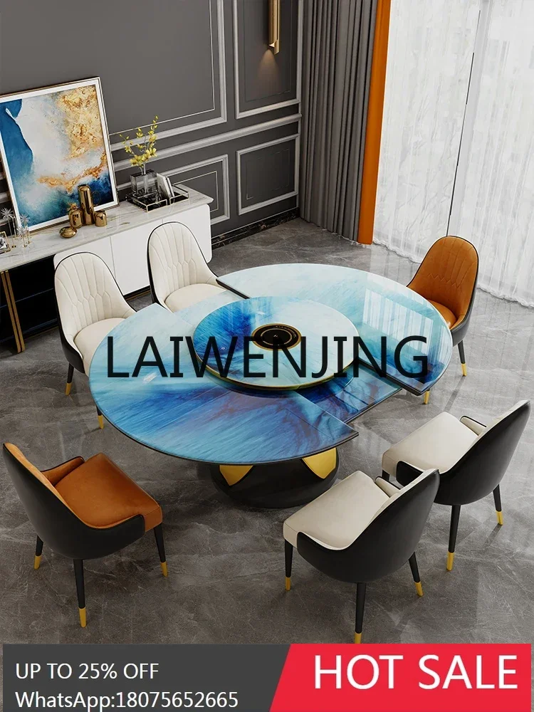 Ellipse Dining Table Folding Household Natural Marble Light Luxury Retractable Turntable with Induction Cooker
