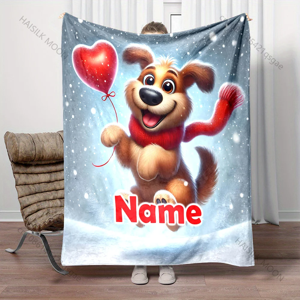 Manta con nombre personalizado con estampado de cachorro feliz en la nieve, manta suave y cálida para sofá cama, viaje, Camping, Picnic, RV, nuevo producto