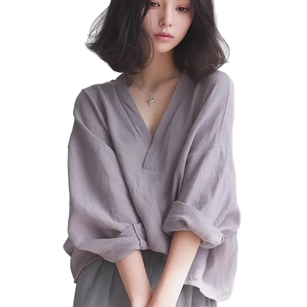 قميص نسائي صيفي فضفاض بأكمام طويلة على الطراز الفرنسي، نسخة جديدة رفيعة، كاجوال برقبة على شكل حرف V، قميص أرجواني على الطراز الكوري