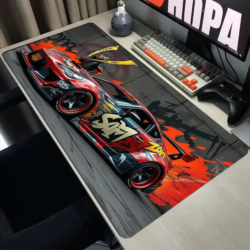 Samurai Drift Sports Car Extended MousePad Large Gaming Desk Mat Keyboard Pad Non-Slip Rubber Red Race Car Anime Style Table Mat