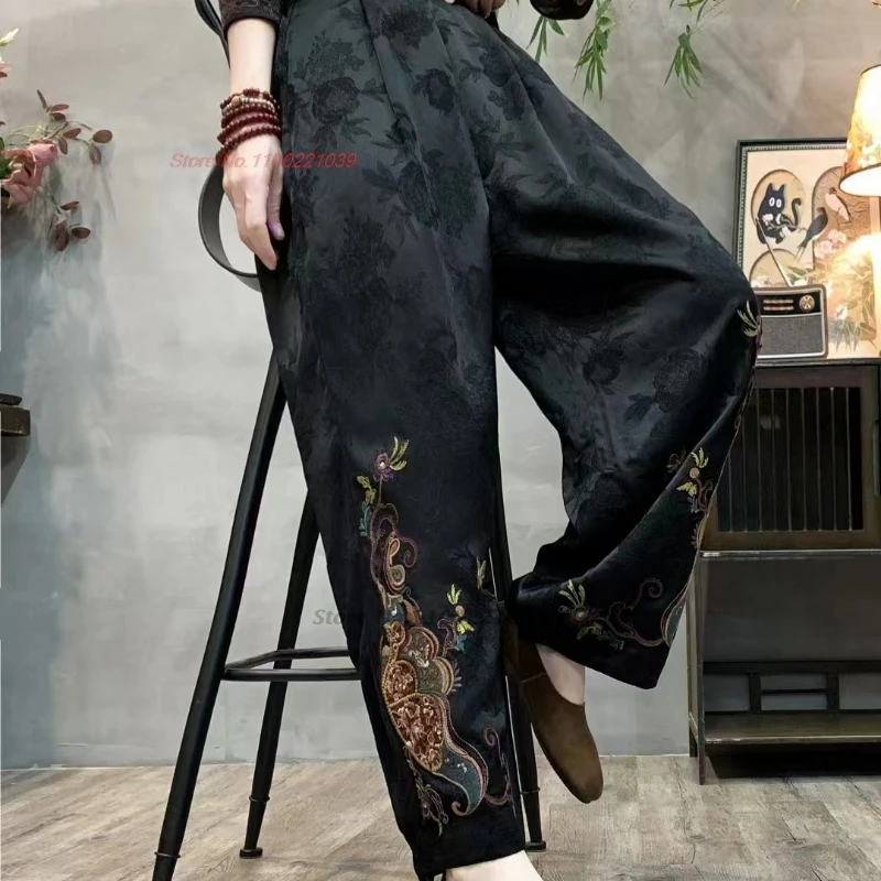 2024 calças vintage chinesas flor nacional bordado cetim jacquard calças cintura elástica calças folclóricas soltas perna larga pantalones