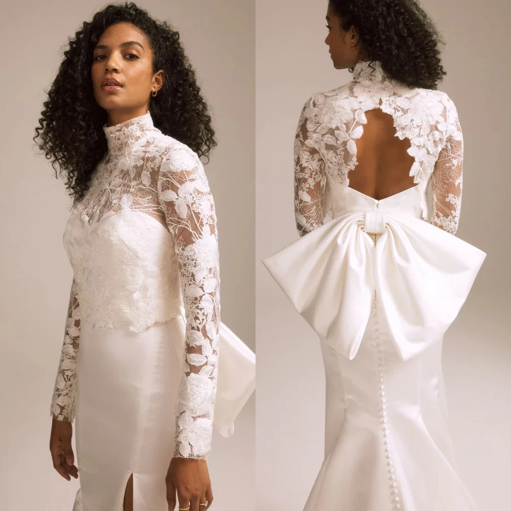 Elegant Mermaid Wedding Dresses With Lace Jacket Bridal Gowns Big Bow Vestidos De Gala Customized