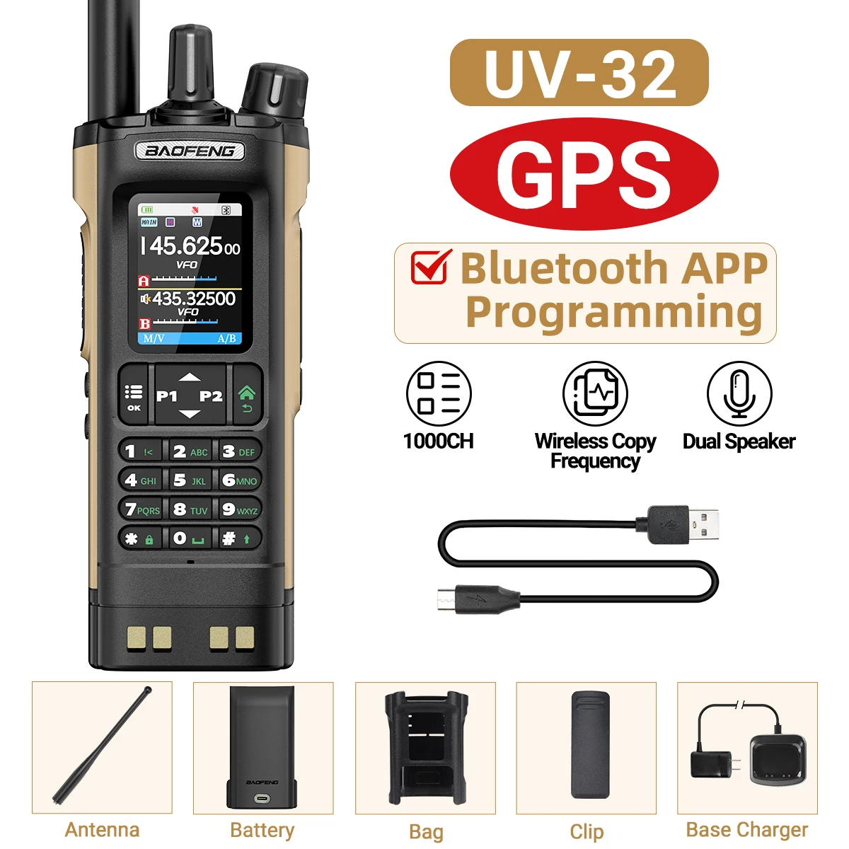 BAOFENG UV-32 GPS Walkie Talkie 10W Multi Band Bluetooth Programmering Draadloze Kopieerfrequentie NOAA Lange afstand Ham Two Way Radio