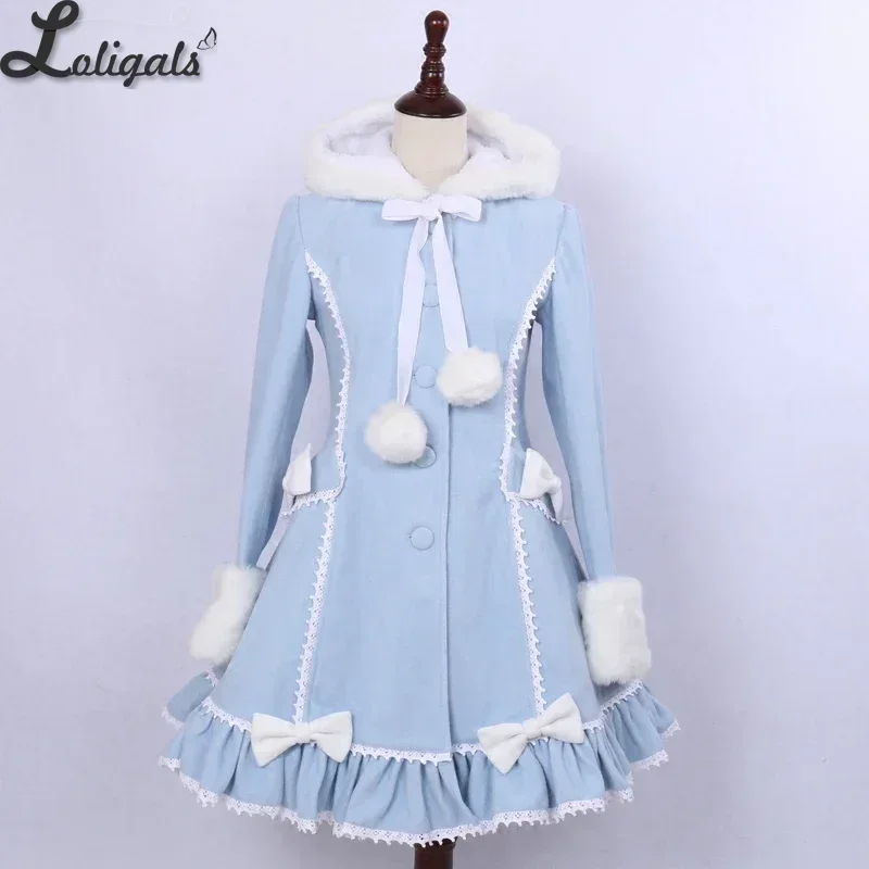 Women\'s Winter Single Breasted Coat Lovely Cat Ear Lolita Hooded Light Blue Warm Long Coat