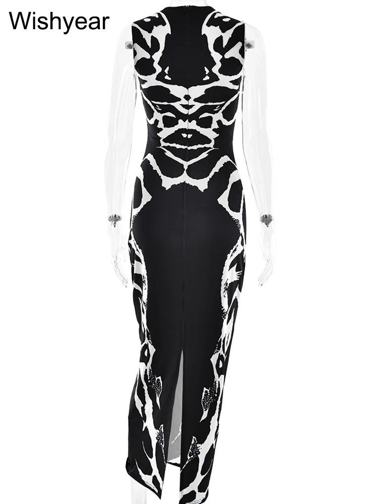 Wishyear sukienka z nadrukiem dla kobiet moda czarna O Neck bez rękawów obcisłe sukienki z wycięciem seksowna impreza urodzinowa bal Clubwear 2025