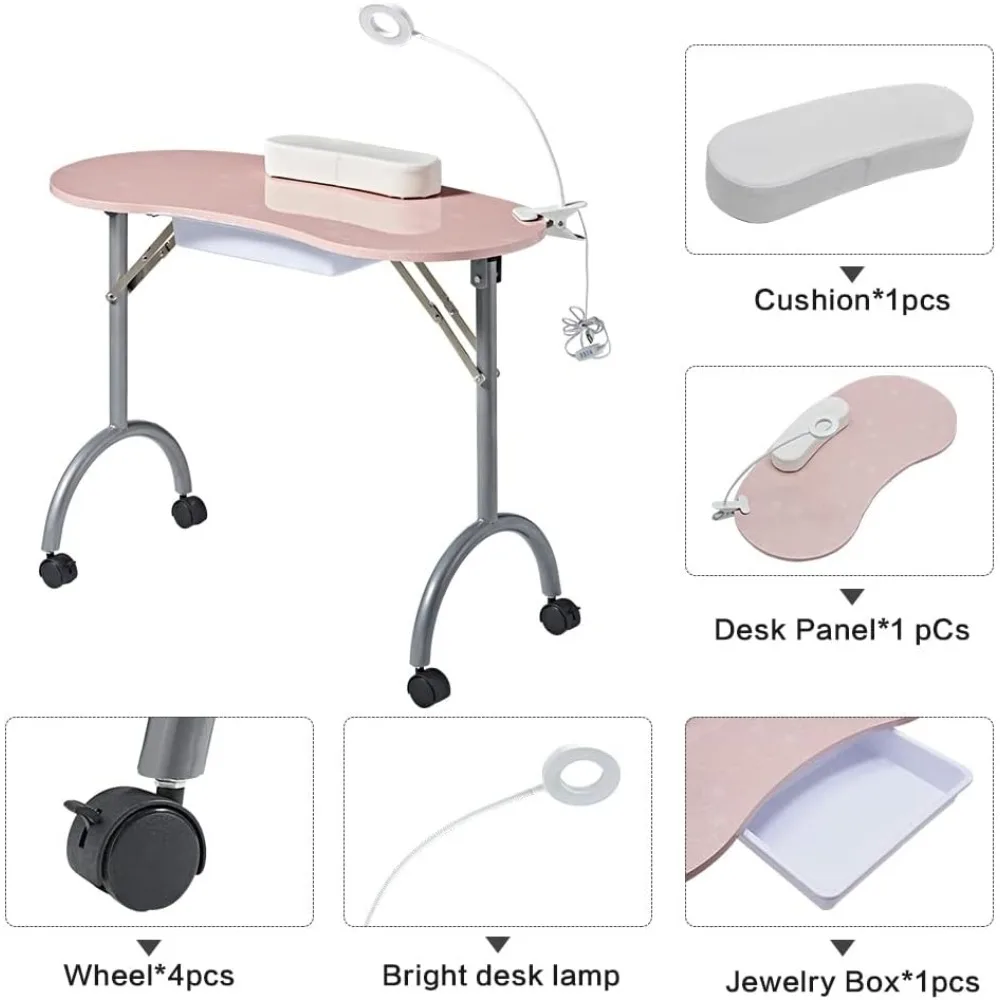 Portable Manicure Table，Nail Desk 4 Lockable with Wheels,Manicure Desk for Nail Tech with LED Light & Drawer,Pink