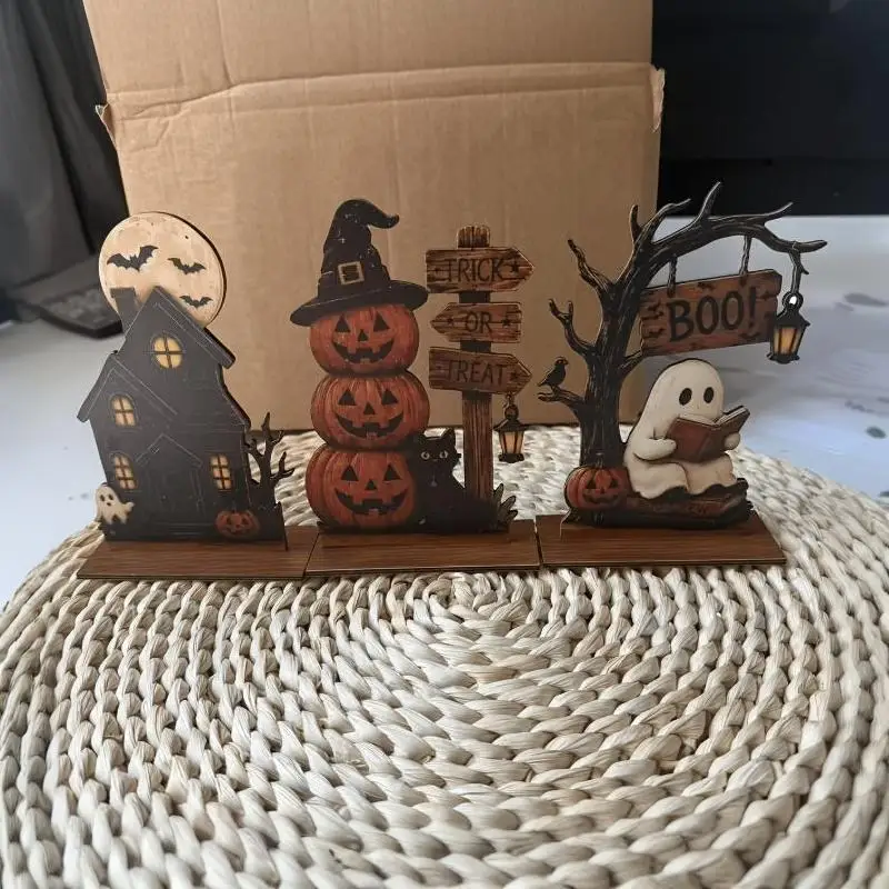 3 Stück Vintage-Halloween-Holz-Dekorationen für den Innenbereich mit Geister-, schwarzen Katzen- und Kürbis-Elementen zur Regaldekoration – Detail 7