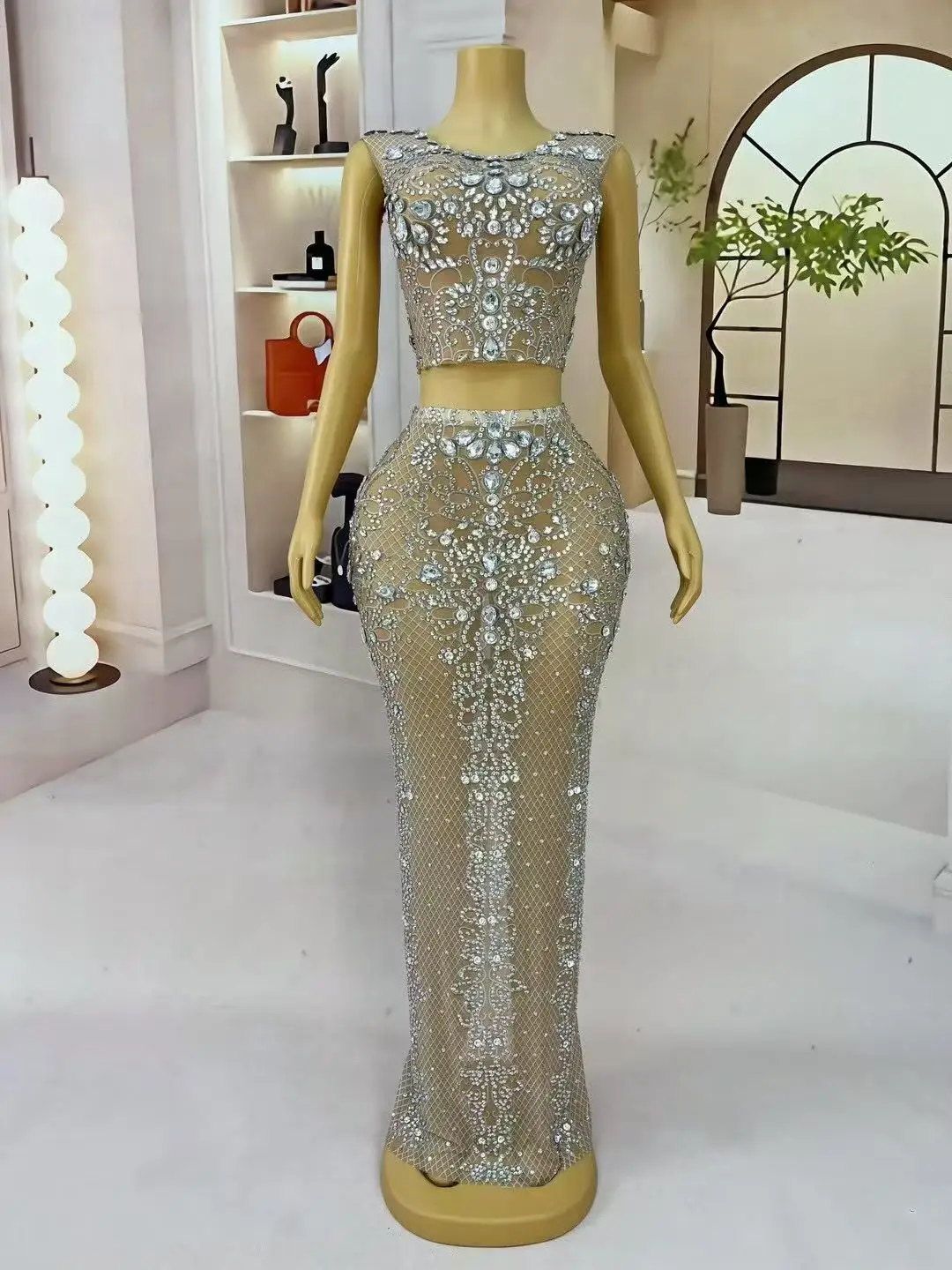 Sexy palco brilhante strass malha saia 2 pçs conjunto feminino festa de casamento baile elegante vestido tapete vermelho palco photoshoot vestido