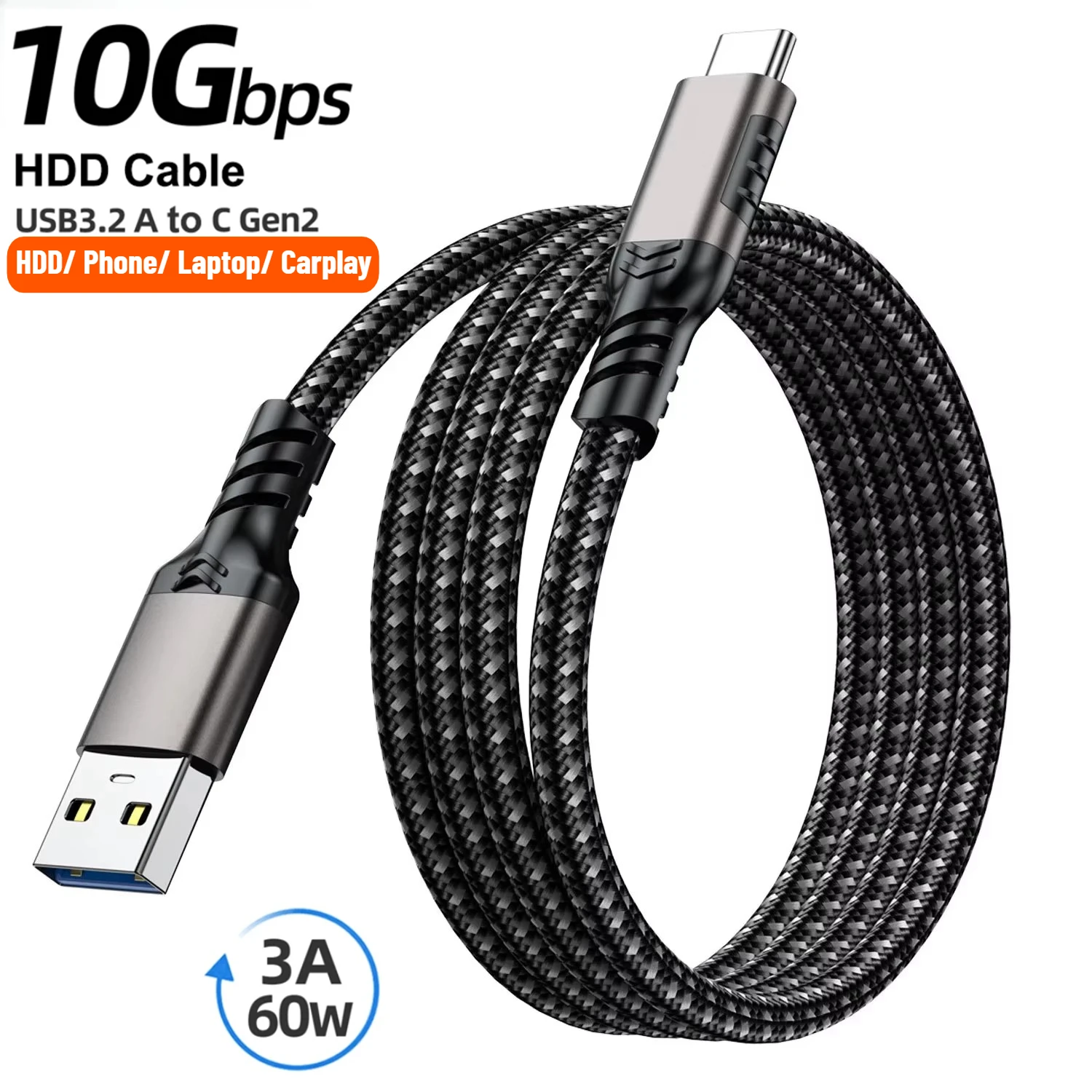 USB3.2 Gen2 10Gbps Cable USB A to C Cable 3A 60W QC3.0 Fast Charging for Carplay NVMe Hard Disk External Android Data Braid Cord