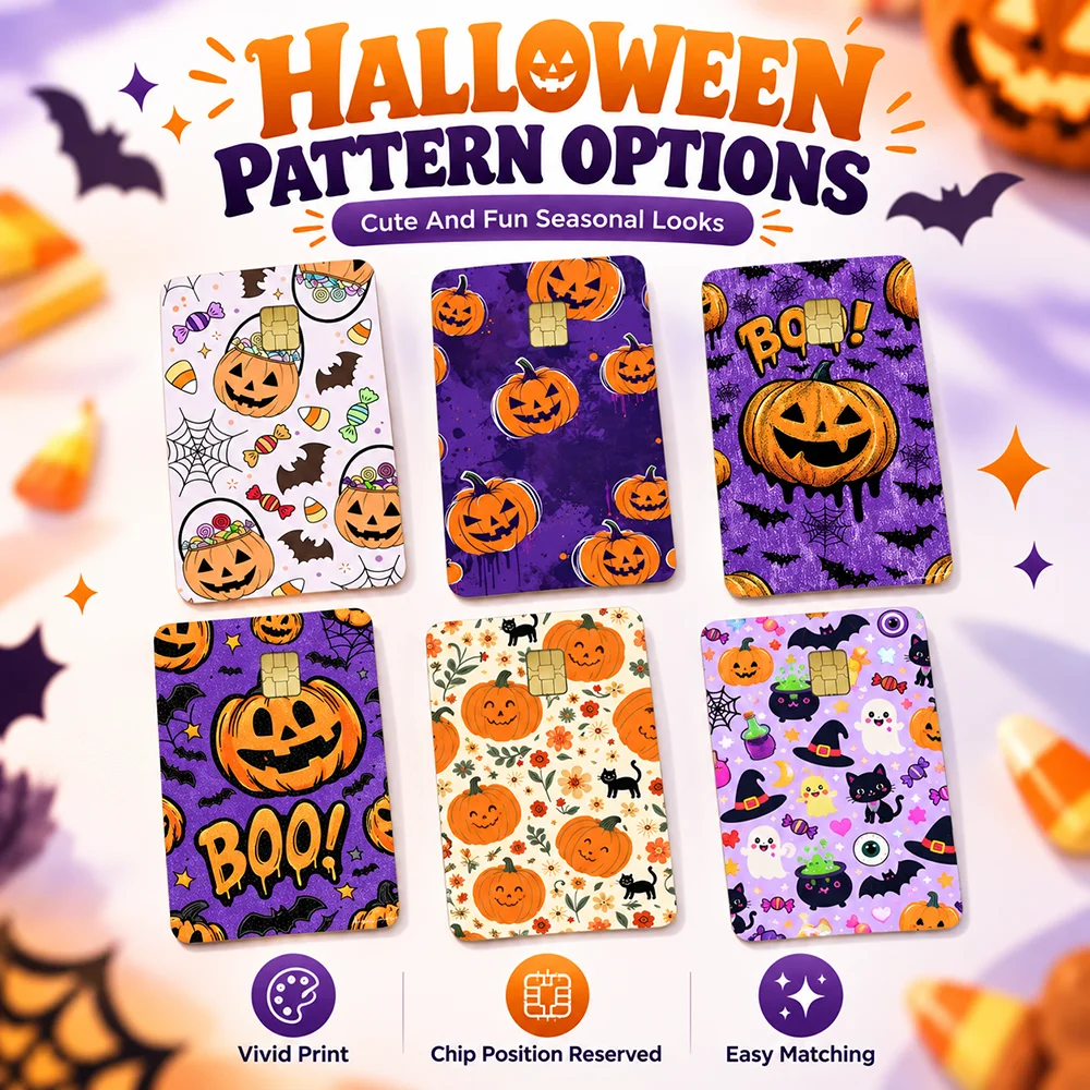 Halloween Card Skin Sticker Cute Pumpkin Candy Bat Spider Web Design Decorative Bank Card Cover Chip Card Accessory Style