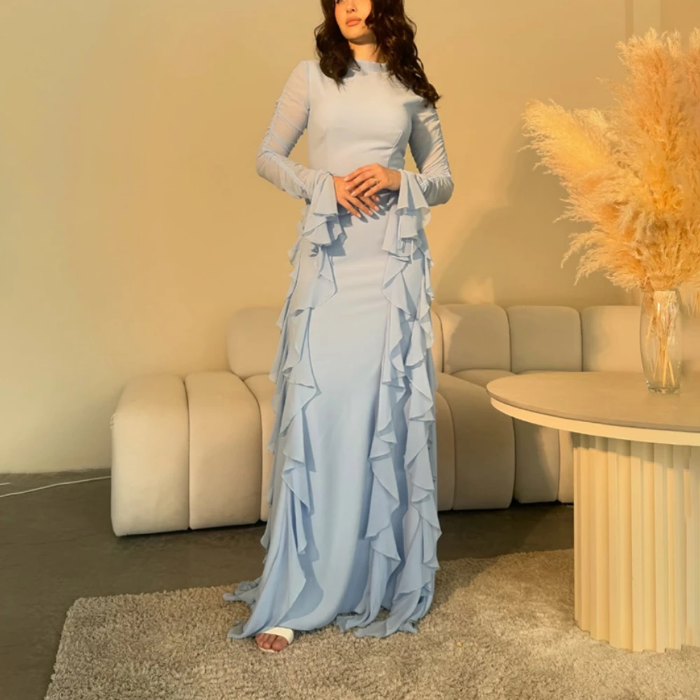 

Elegant High Neck Evening Dress for Women Long Sleeves Ruffles Chiffon A Line Floor Length Formal Party Dresses Customized