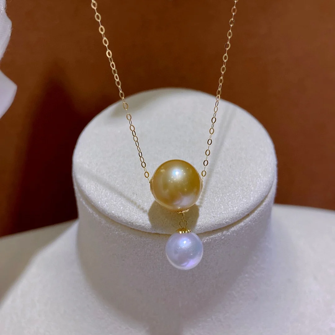 

18k Gold Double Bead Necklace Natural Pearl 8-9MM10-11mm Near Round Almost Flawless Selected Pearl Pendant Necklace