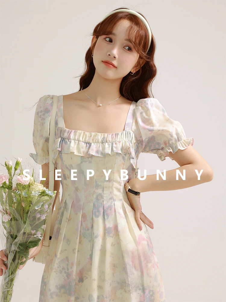 

Vintage Watercolor Floral Chiffon Dress Women Puff Sleeve Long Dress with Ruffle Trim Elegant Romantic Summer Tie Waist Outfit