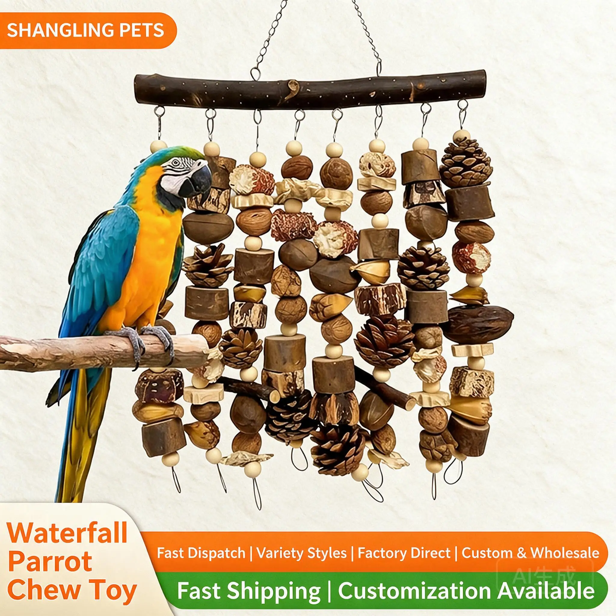 Natural Hanging Parrot Chewing Toy Bird Cage Chew Toy With Pine Cones Wood Blocks Nuts Beads For Parrots Relieve Boredom Play