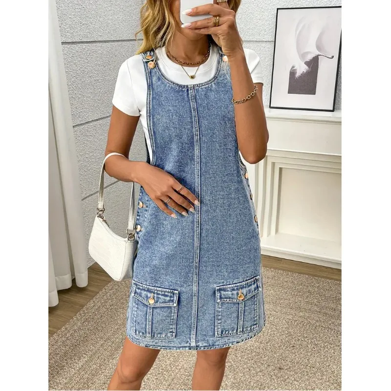 Vestido tipo peto vaquero americano nuevo para el verano 2026, estilo Y2K coreano vintage, holgado, azul, con bolsillos, informal, para mujer