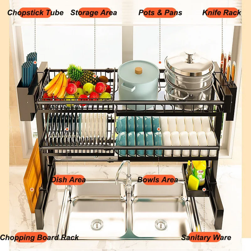 Kitchen Storage Shelf Above The Sink Stretchable Bowl Draining Rack Multifunctional Dish Knife Spoon Sink Rack Set Organizer