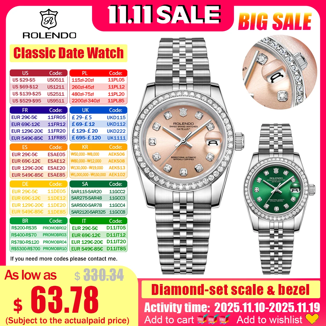 

ROLENDO Diamond-Set Date Watches for Woman Sun-brushed dial Sapphire Crystal Waterproof Classic Emerald Automatic Wristwatch