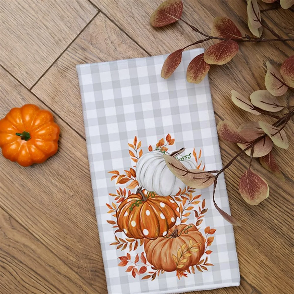 Ensemble de 2 torchons de cuisine à carreaux d'automne, torchons de séchage, orange, Aliments, gris, 2 pièces