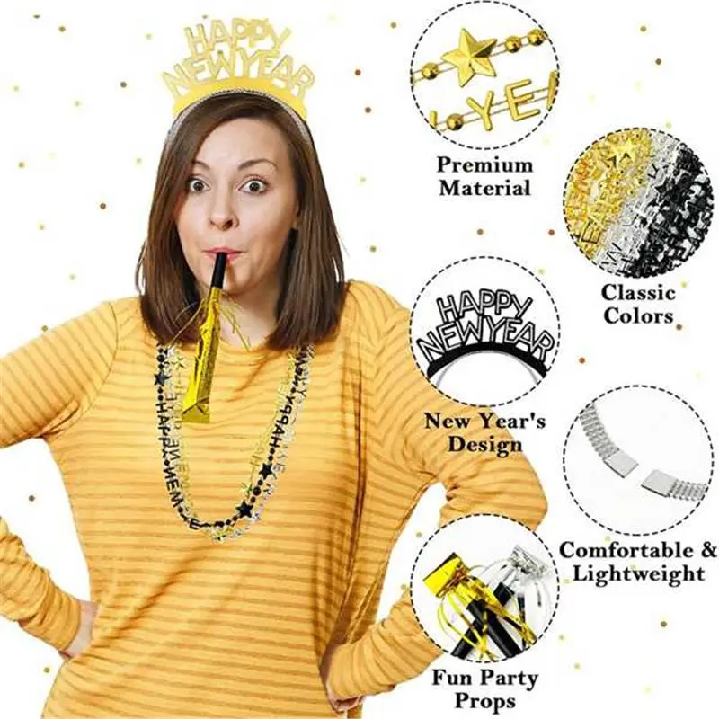 A74E-مجموعة زينة السنة الجديدة السعيدة - 36 قطعة، ملحقات دعائم كابينة الصور NYE يمكن ارتداؤها - مستلزمات حفلات رأس السنة الجديدة