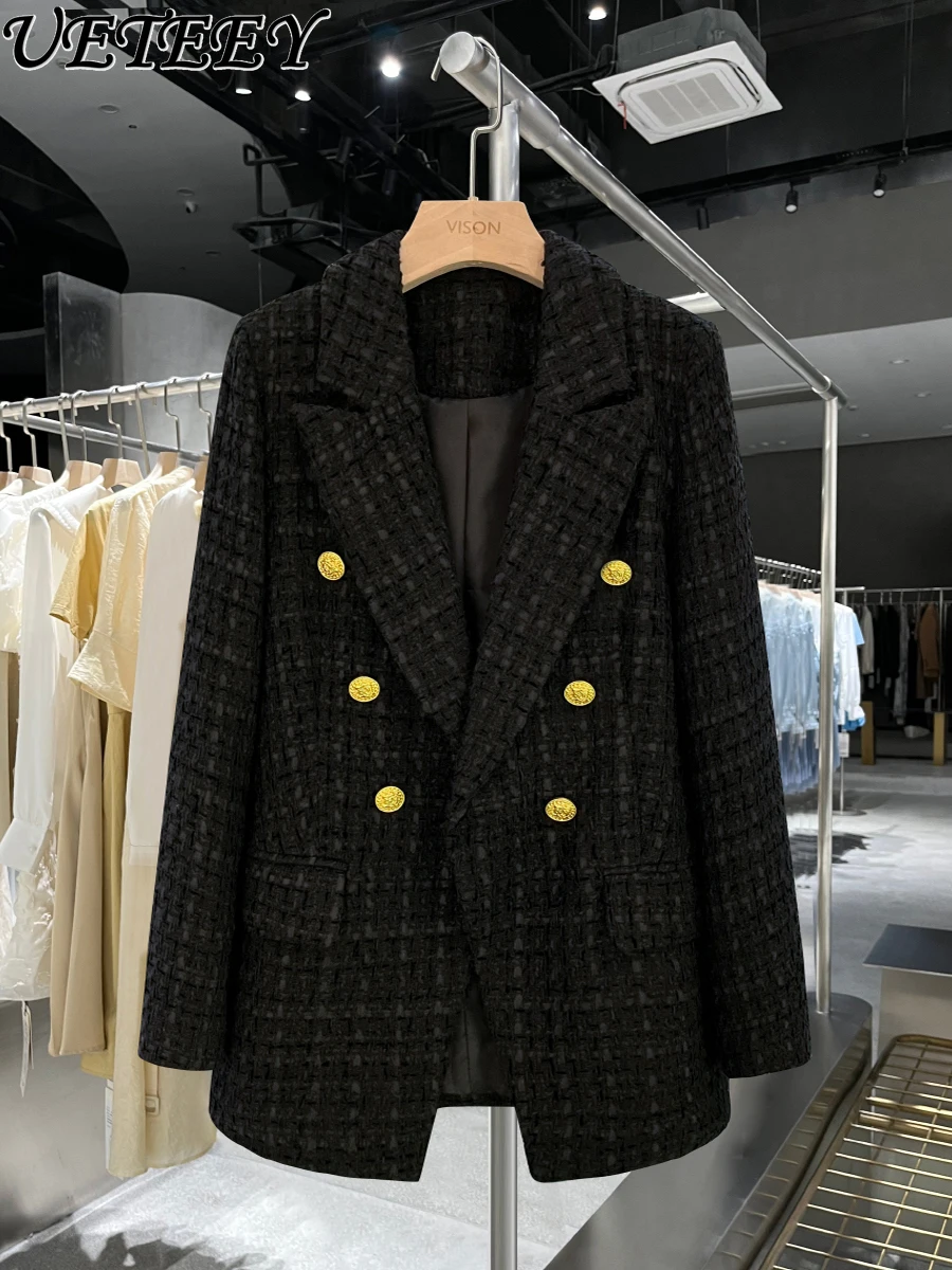 Black Tweed British Style Suit Jacket for Women 2024 New Winter High-Grade Retro Slimming Long Sleeve Straight Blazer Coat