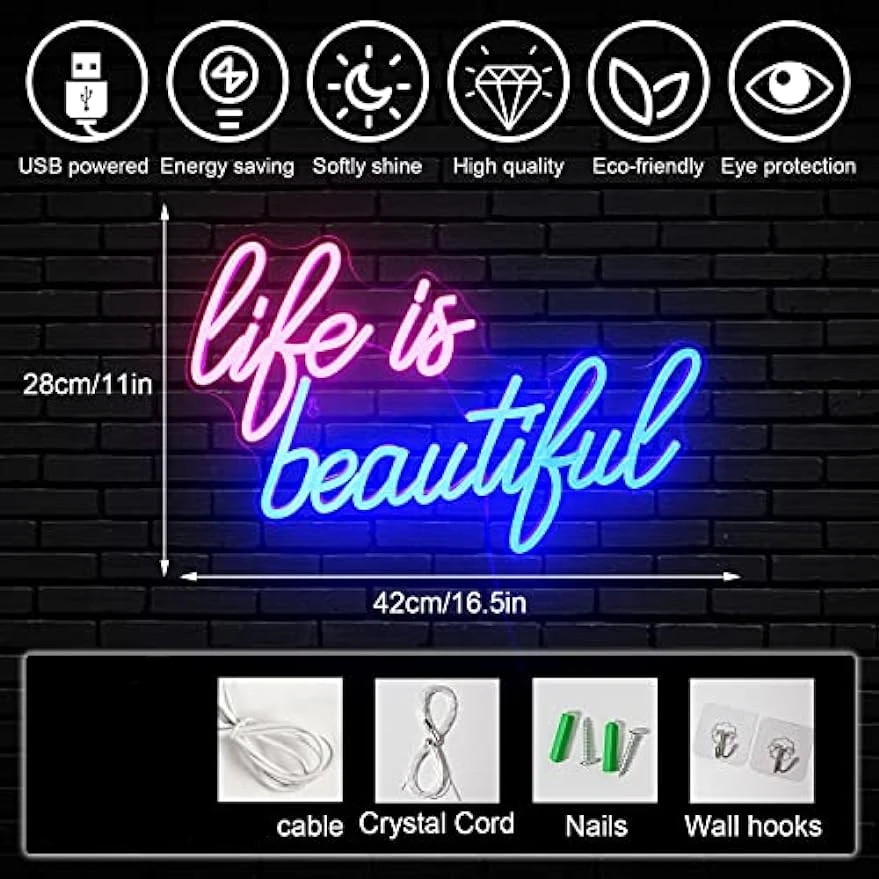 Life is Beautiful Neon Signs for Wall Decor Letter Neon Lights for Bedroom Led Sign for Wedding Birthday Party Home Decoration