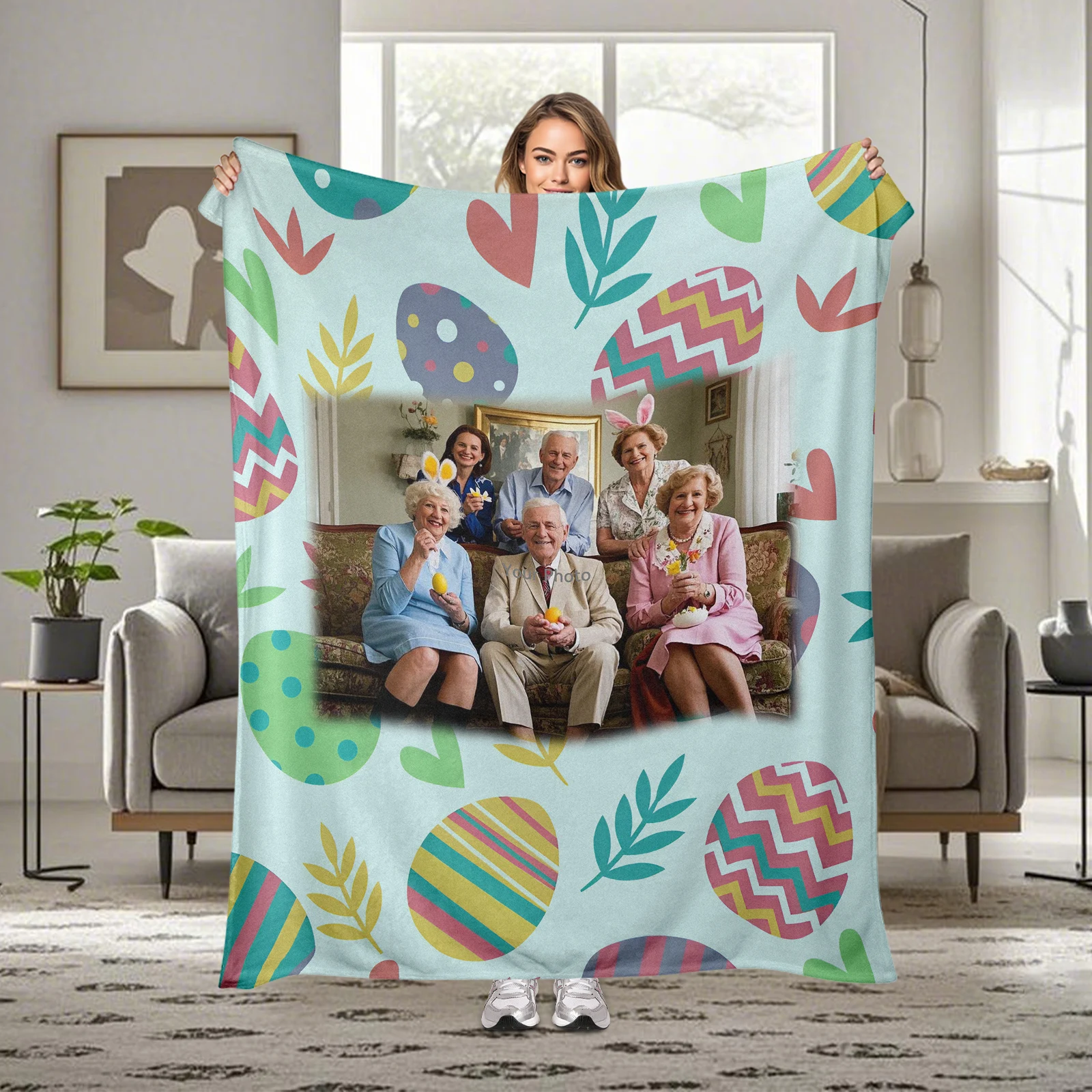 

Custom Easter Egg Flannel Blanket With Personalized Images, Soft And Festive For Family Gatherings And Gifts