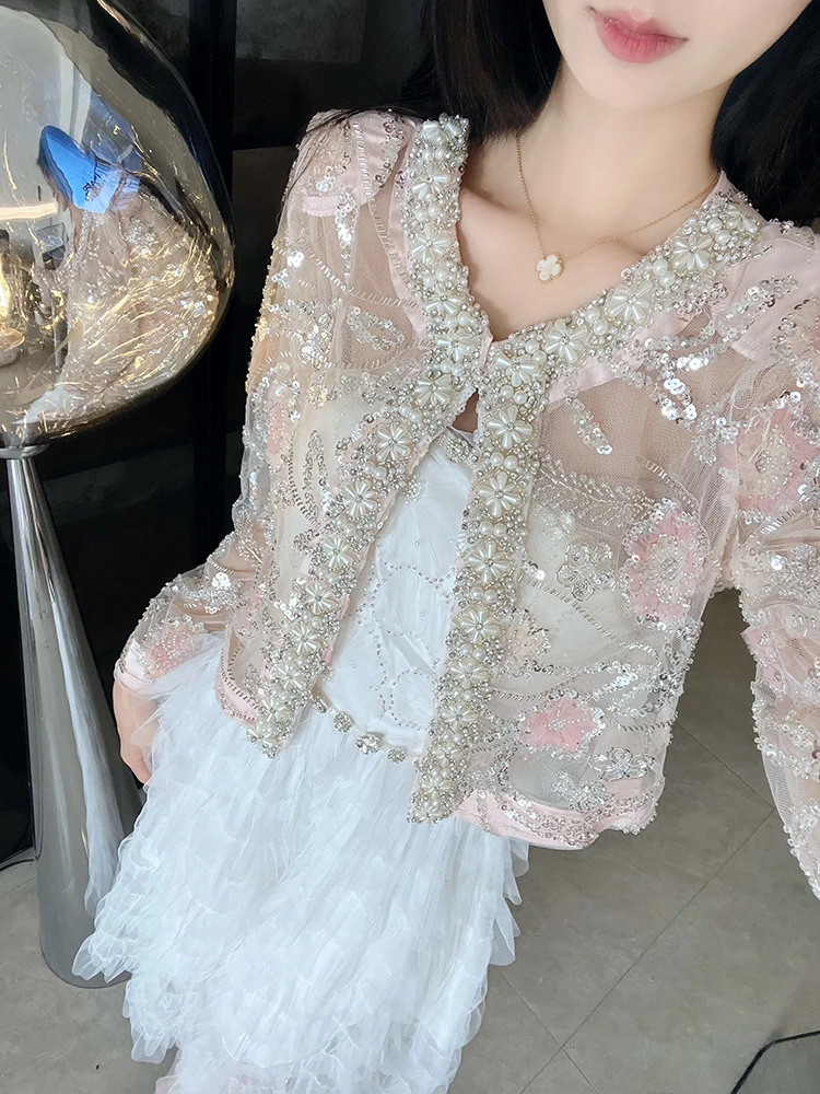 

Ele женский легкий кардиган с блестками и защитой от солнца, кардиган с тяжелой вышивкой, модный дизайн облаков, верхняя одежда