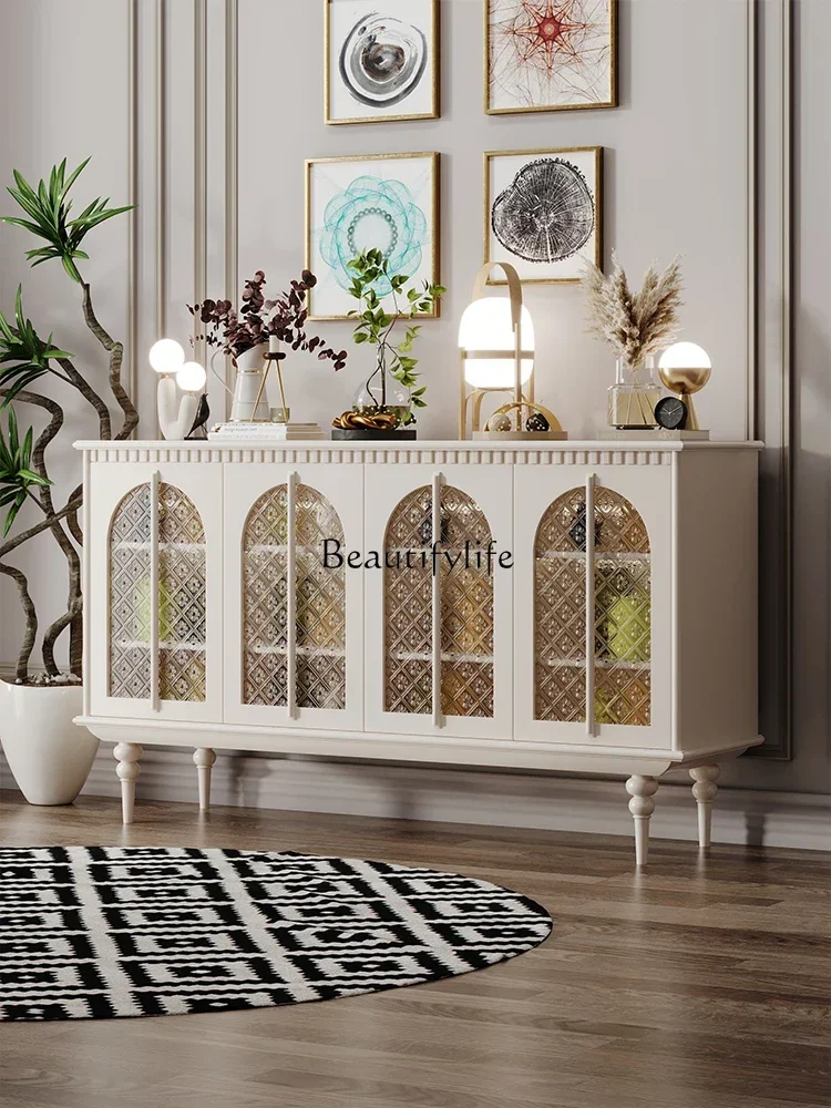 Franse Crèmekleurige Sideboard Kast Inductielamp Glas Display Massief Houten Toegangskabinet