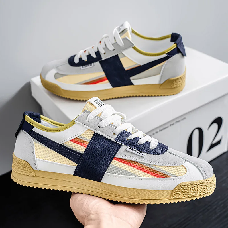 Men's Retro Color Block Training Sneakers, Multi Color Patchwork Low Top Lace Up Casual Shoes, Breathable Canvas Suede Fashion