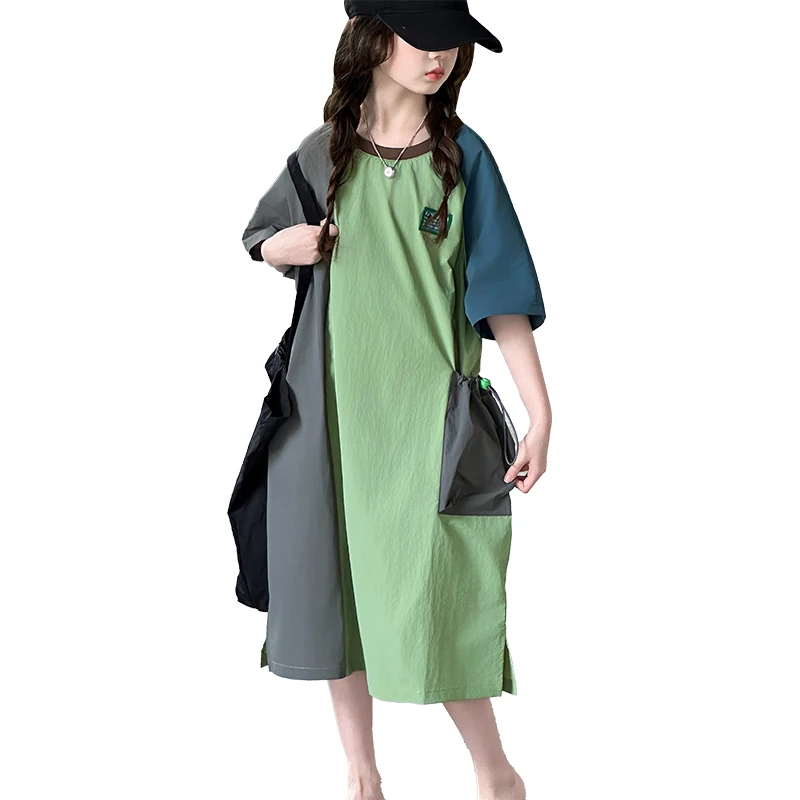 

Elegant Children Cotton Loose Long Patchwork Dress for Teens Girl Casual Summer Outfit Kids Luxury Fashion Going Out Dresses