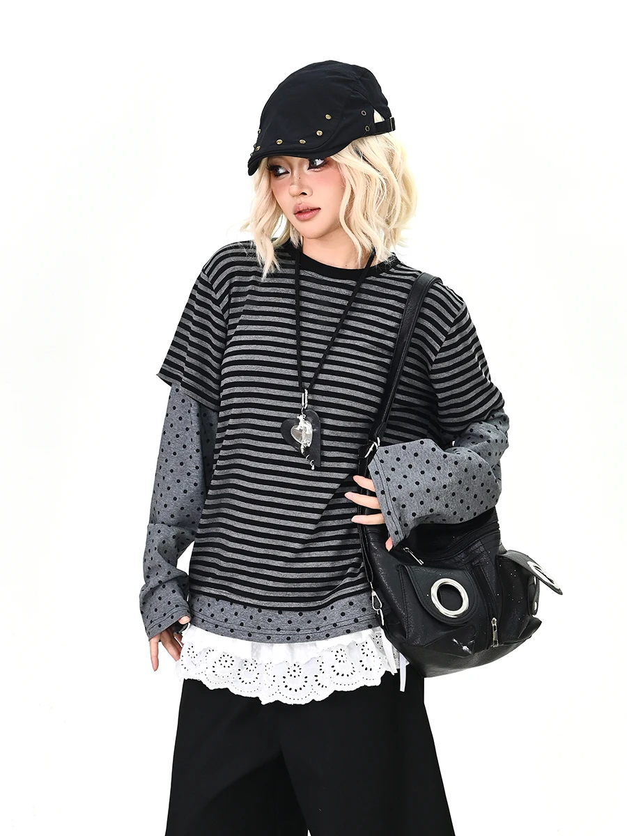 

Spring 2026 Women's Loose Long Sve T-irt Polka Dot Striped Casual Street Sle Korean College Faion Top Comfortable Fit