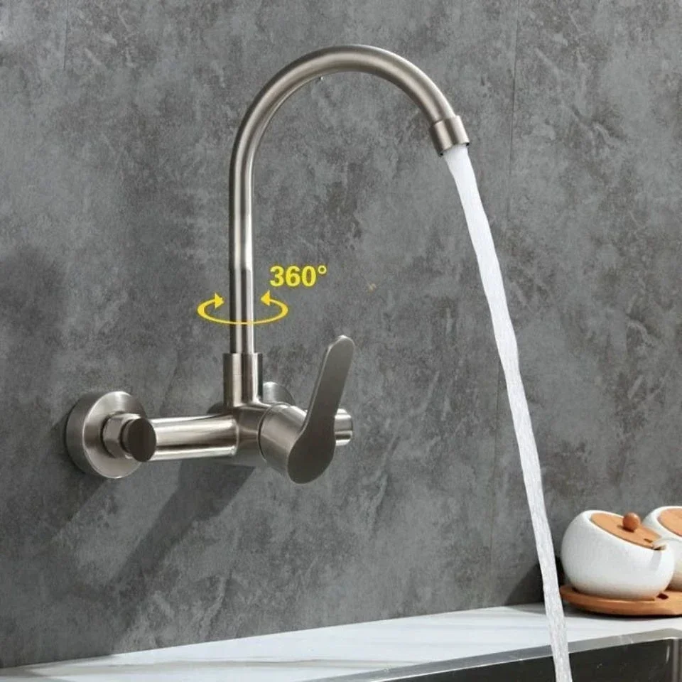 Stainless Steel Kitchen Faucet Wall Mounted Cold and Hot Tap Bathroom Basin Sink Faucet Universal Rotation Splash Proof Faucet