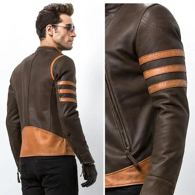 High-end Brand Men\'s Zipper Leather Jacket Wolverine Slim Fit Short Coat Retro Locomotive Logan Bomber PU Leather Jacket 5XL-M