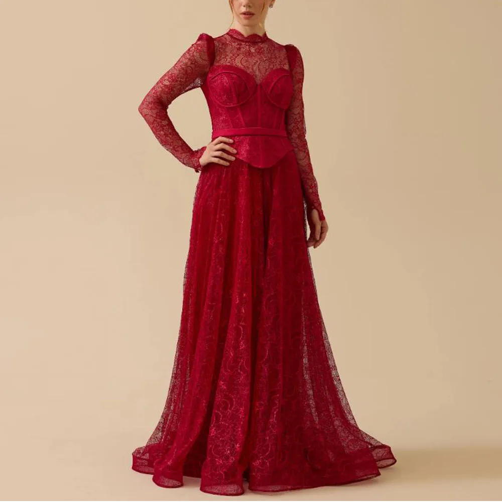 

Customized Red Lace Evening Dresses 2025 High Neck Long Sleeve Formal Corset Dress Ribbon Belt A Line فساتين سهرة