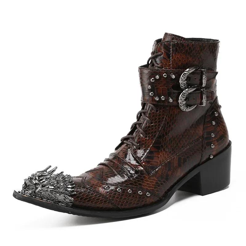 Fashion Cowhide Men's Genuine Leather Motorcycle Boots Metal Pointed Toe Mid-calf Party Personality Luxury Western Chelsea Boots